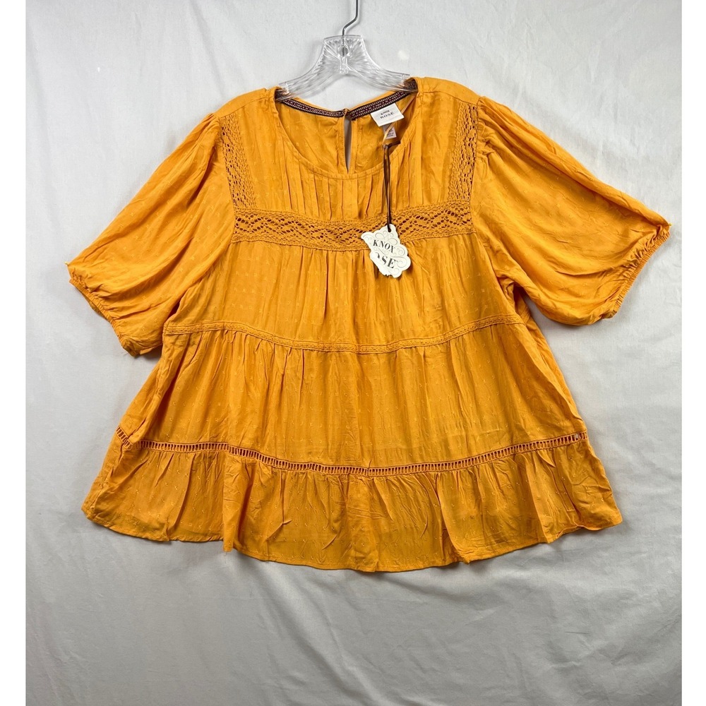 Knox Rose Babydoll Top Women XXL Mustard Yellow Crochet Tiered Boho Blouse